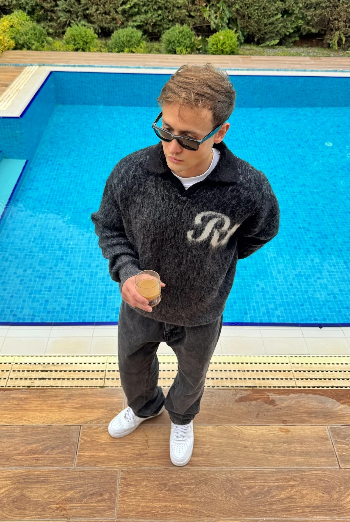 Polo Yaka RTR Baskılı Oversize Premium Kazak