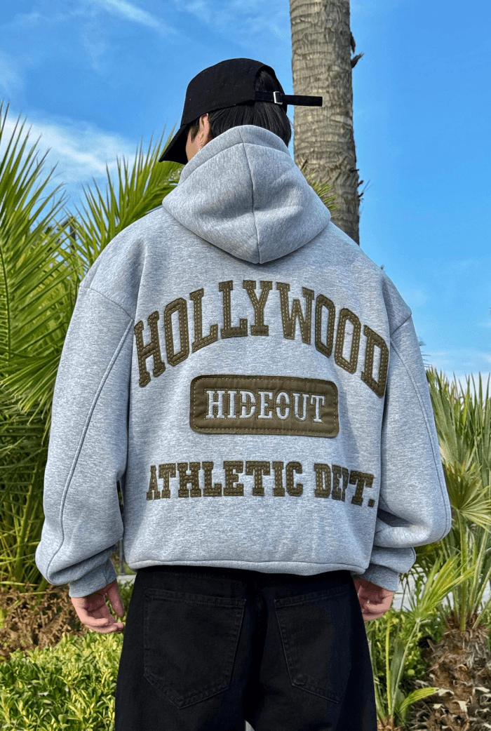 Premium Hollywood Nakış Oversize Hoodie - Gri