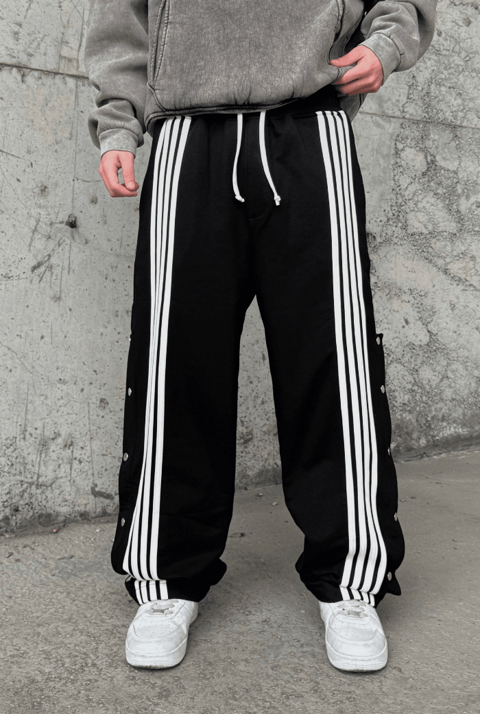 Çizgili Düğme Detaylı Baggy Eşofman - Siyah