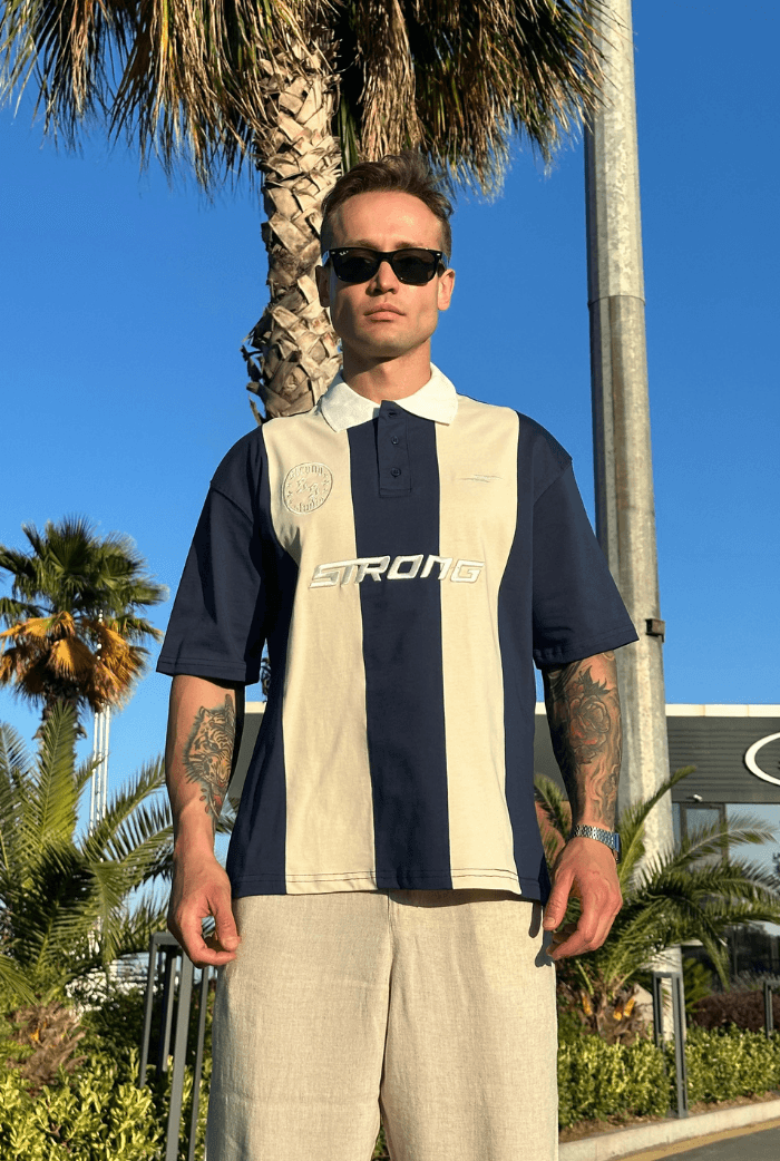 Strong Polo Yaka Oversize Tişört - Bej