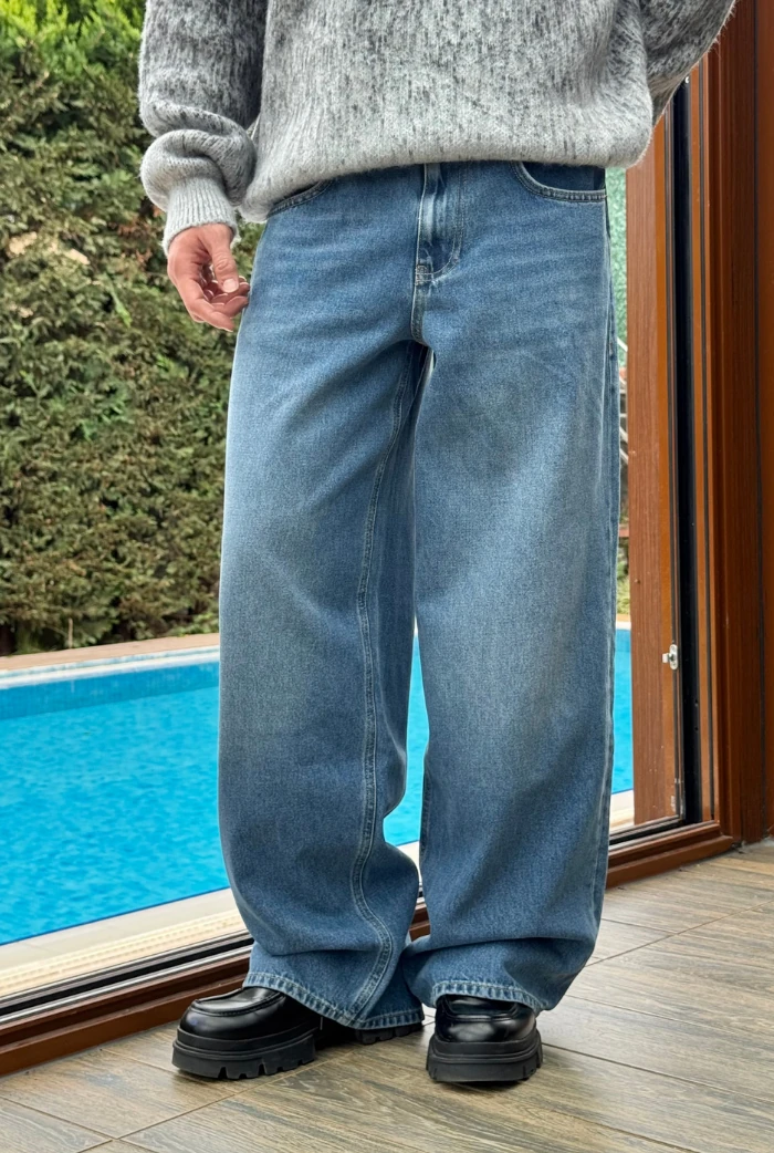Yıkamalı Mavi Extra Baggy Pantolon