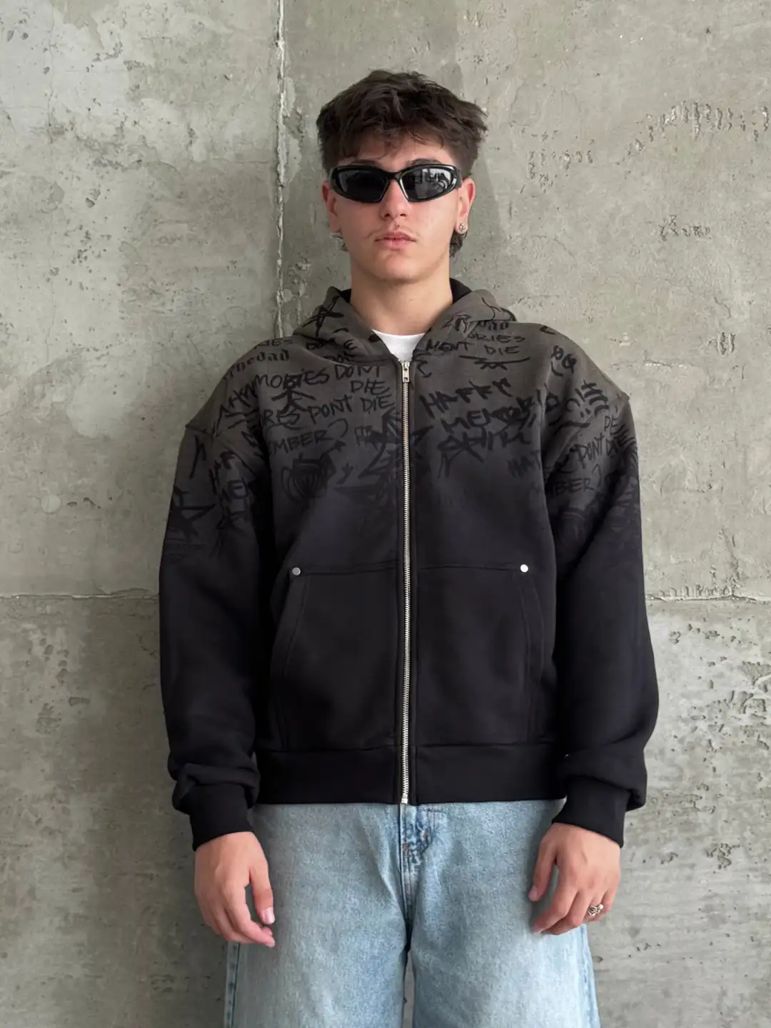 Graphic Script Acid Wash Oversize Zip Hoodie