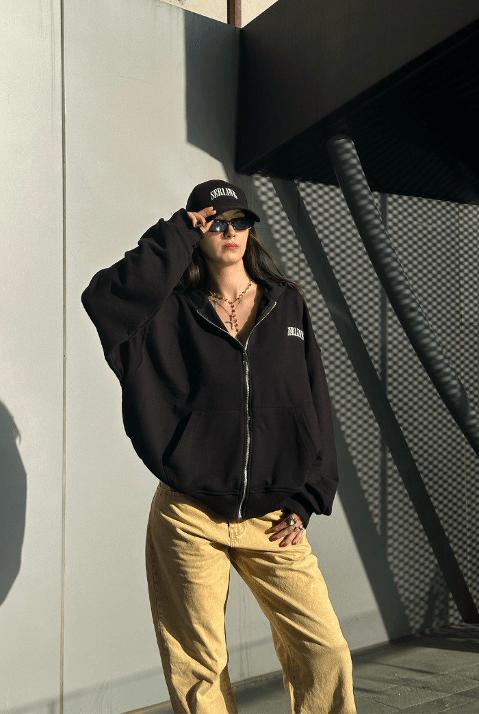 Serline Nakışlı Oversize Zip Hoodie