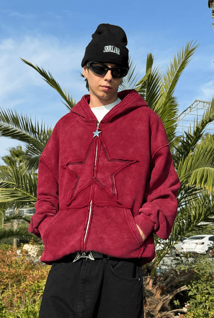 Premium Acid Wash Star Nakış Oversize Zip