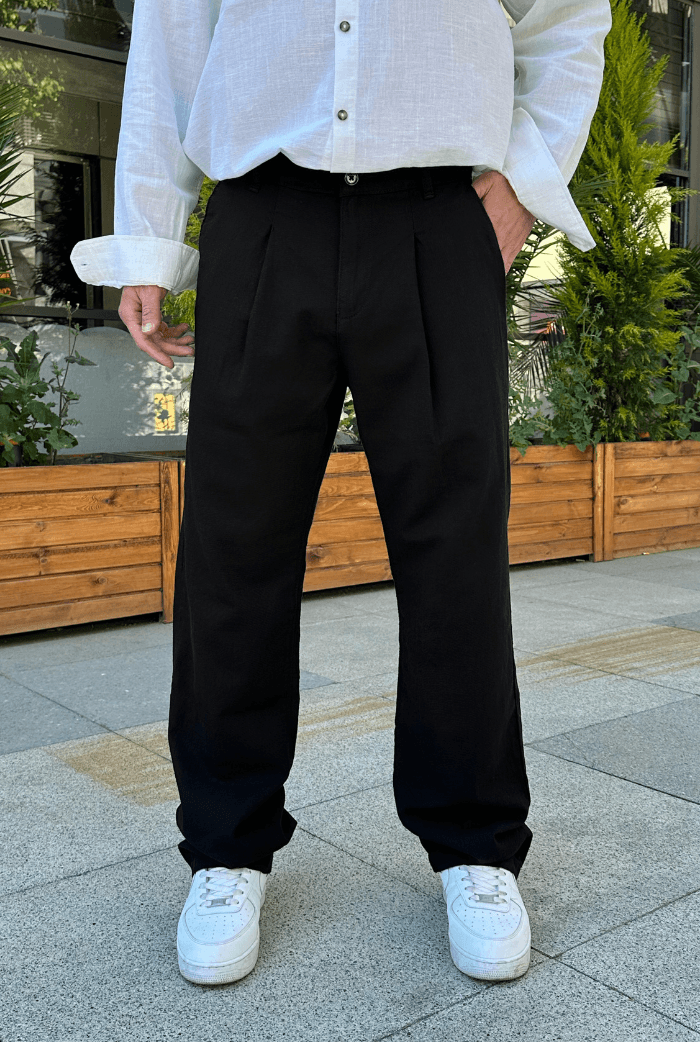 Premium Pileli Baggy Keten Pantolon - Siyah