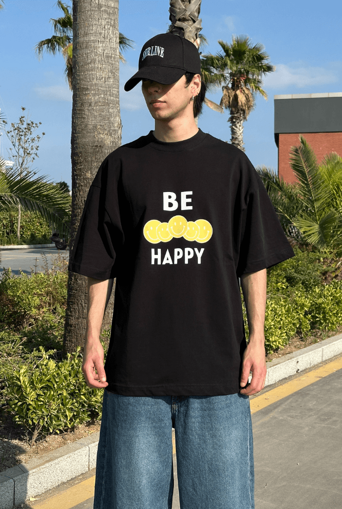 Be Happy Baskılı Oversize T-shirt - Siyah