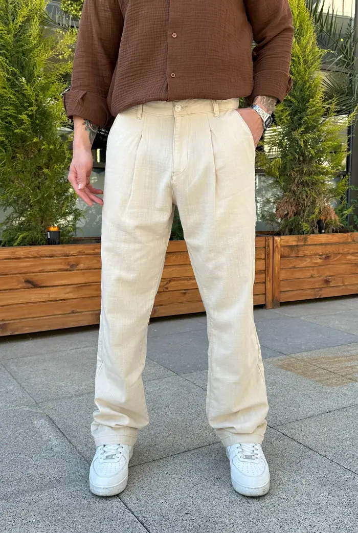 Premium Pileli Baggy Keten Pantolon