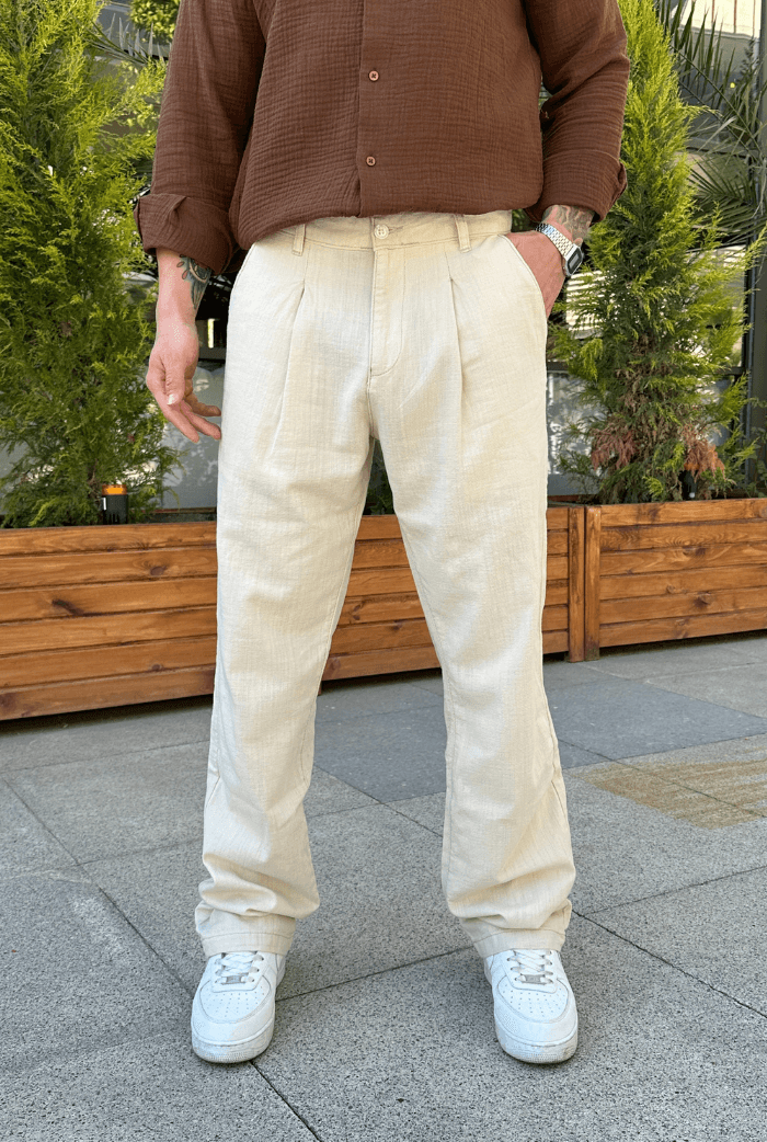 Premium Pileli Baggy Keten Pantolon - Bej