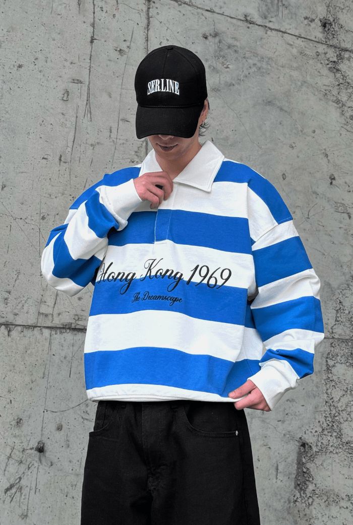 Premium Çizgili Polo Yaka Oversize Sweatshirt - Mavi