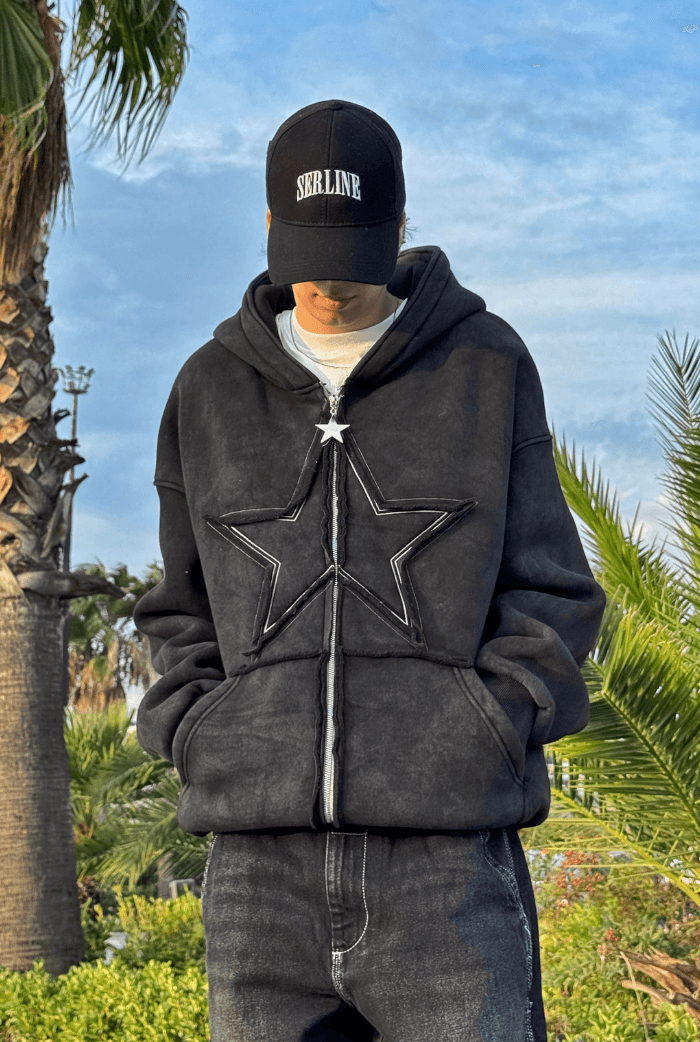 Premium Acid Wash Star Nakış Oversize Zip