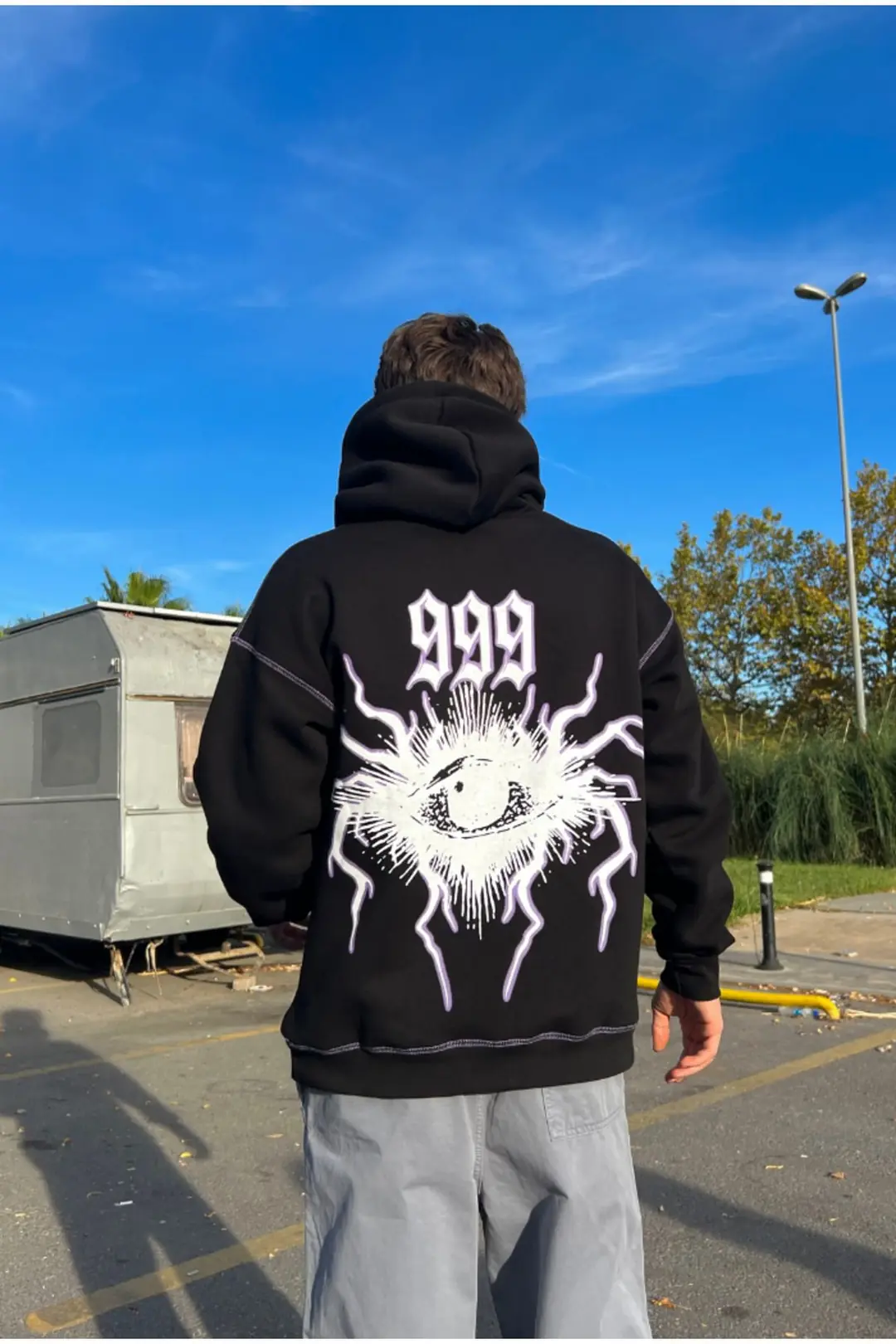 999 Printed Black Oversize Hoodie