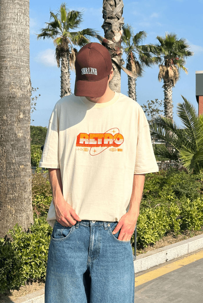 Retro Nakışlı Oversize Premium Tişört - Bej
