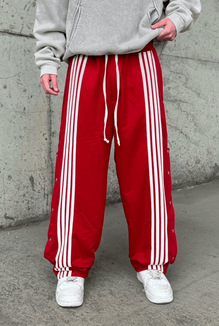 Çizgili Düğme Detaylı Baggy Eşofman - Kırmızı