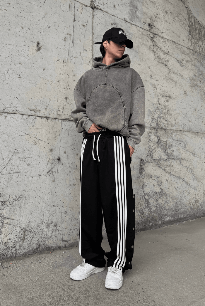 Çizgili Düğme Detaylı Baggy Eşofman