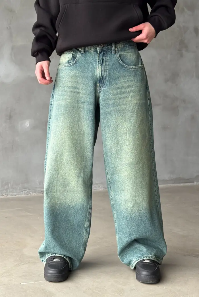 Yeşil Taşlamalı Super Baggy Pantolon