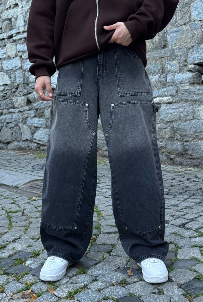 Antrasit Panel Dikiş Detaylı Super Baggy Pantolon