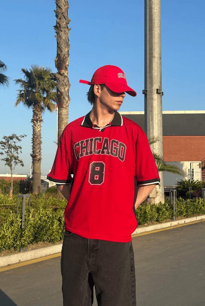 Chicago Baskılı Polo Yaka Premium Oversize Jersey