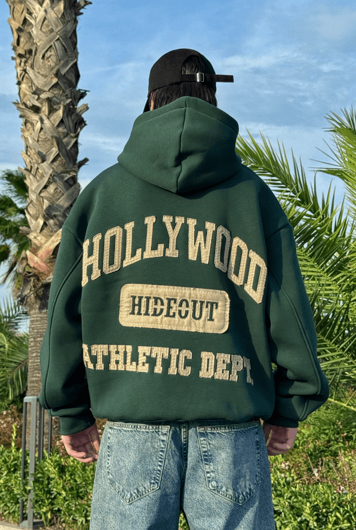 Premium Hollywood Nakış Oversize Hoodie - Yeşil