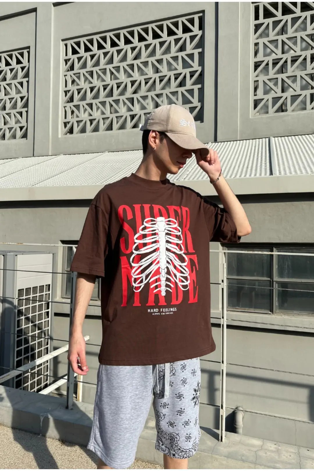 Supermade Rib Printed Brown Oversize T-shirt