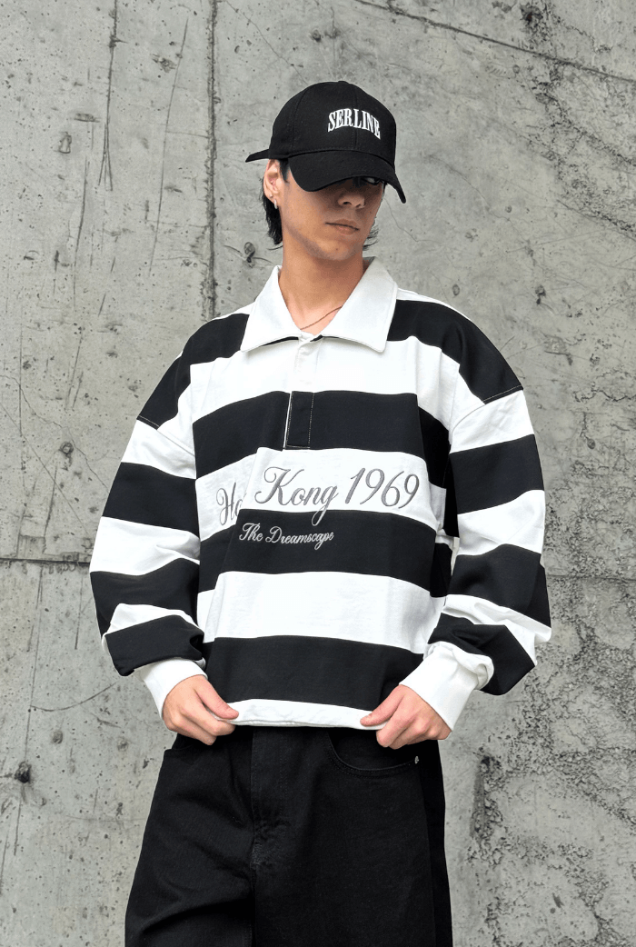 Premium Çizgili Polo Yaka Oversize Sweatshirt