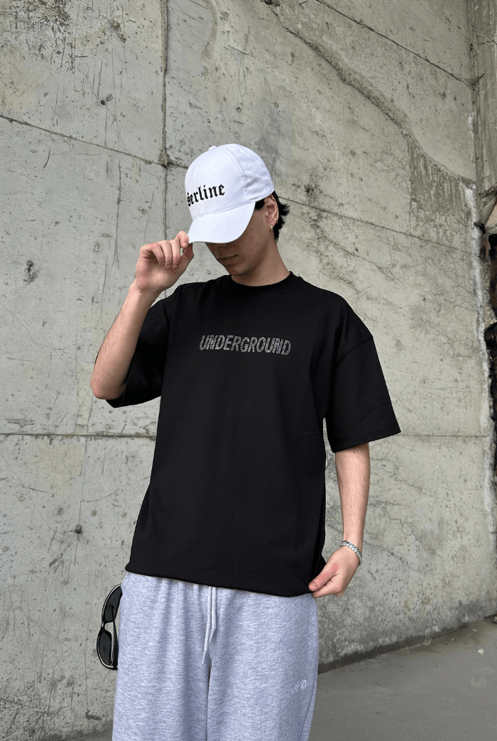 Underground Taş Baskılı Oversize T-shirt - Siyah