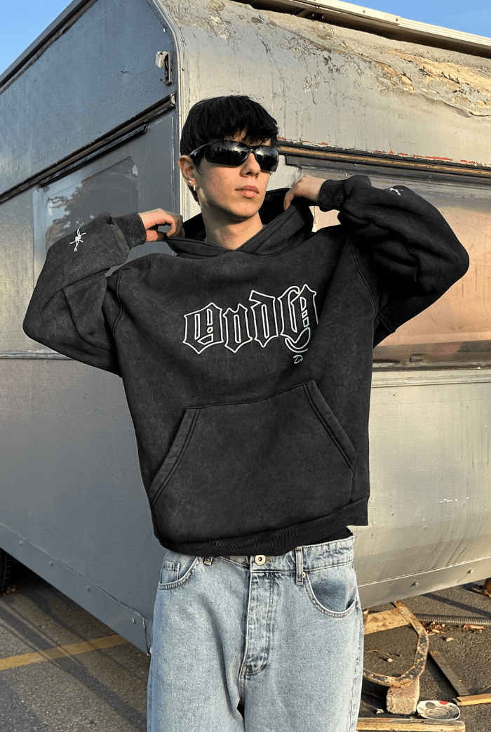 ANDY Acid Wash Nakış Baskılı Oversize Hoodie