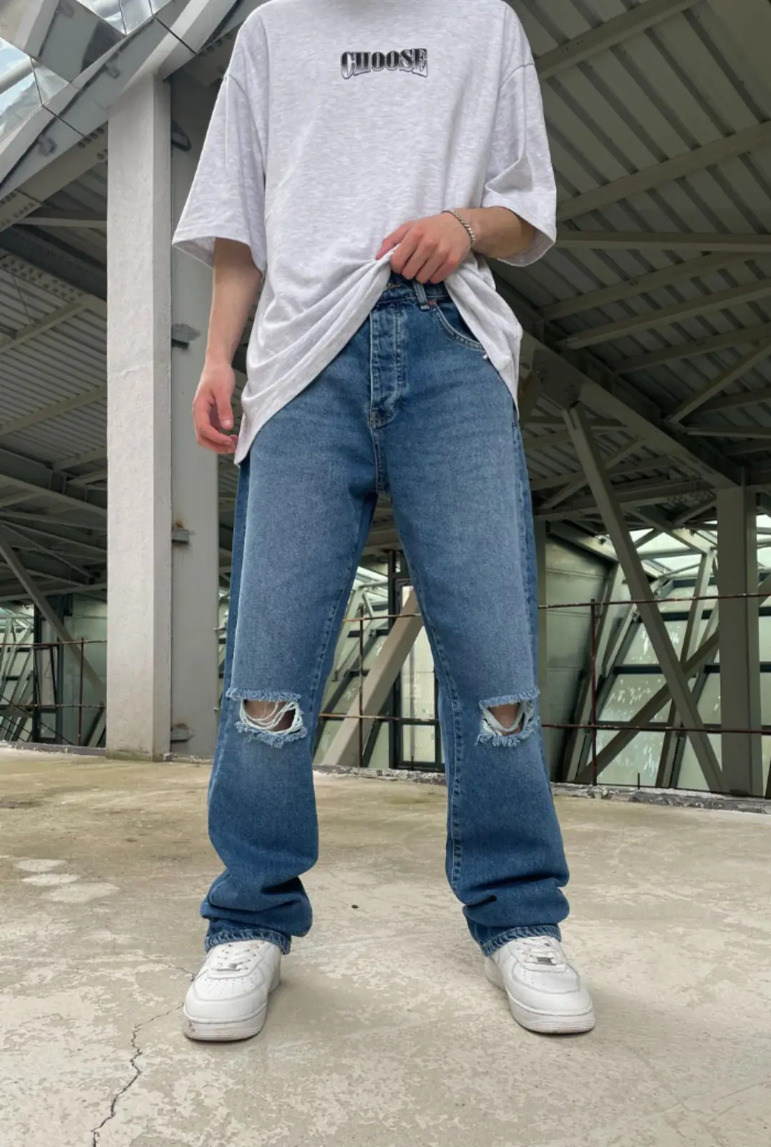 Mavi Dizi Yırtık Baggy Pantolon