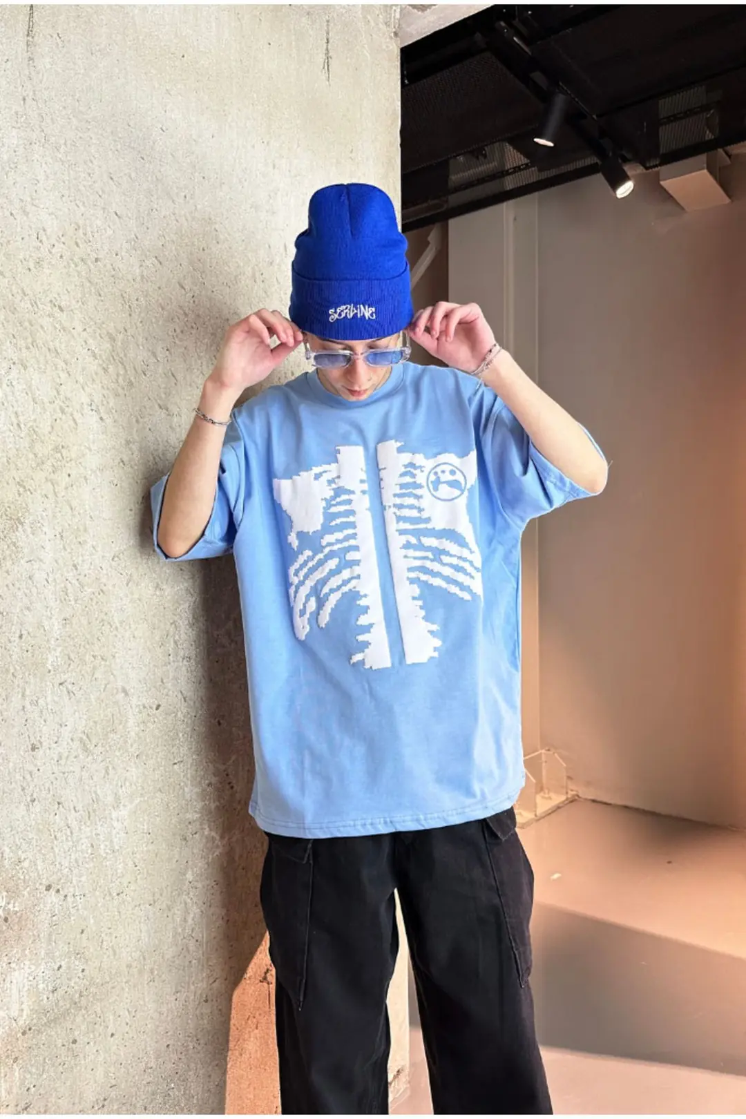 Bebe Mavisi Rib Kabartma Baskılı Oversize T-shirt