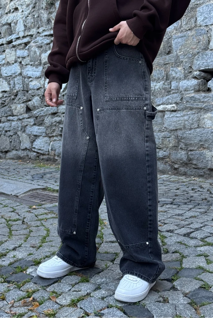 Antrasit Panel Dikiş Detaylı Super Baggy Pantolon