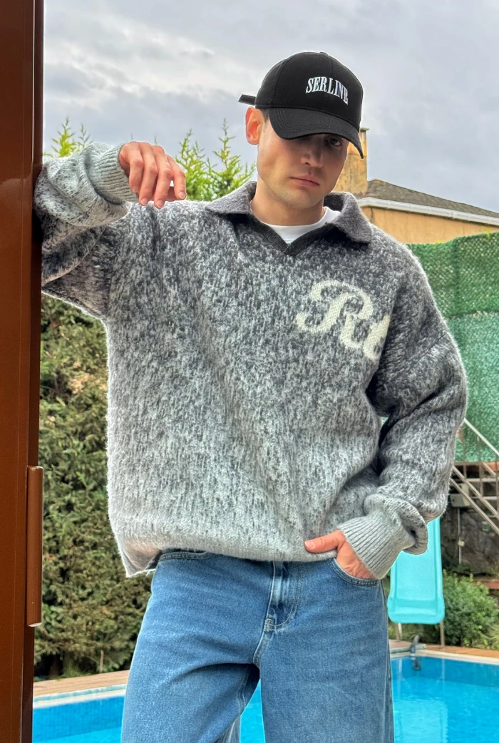 Polo Yaka RTR Baskılı Oversize Premium Kazak - Gri