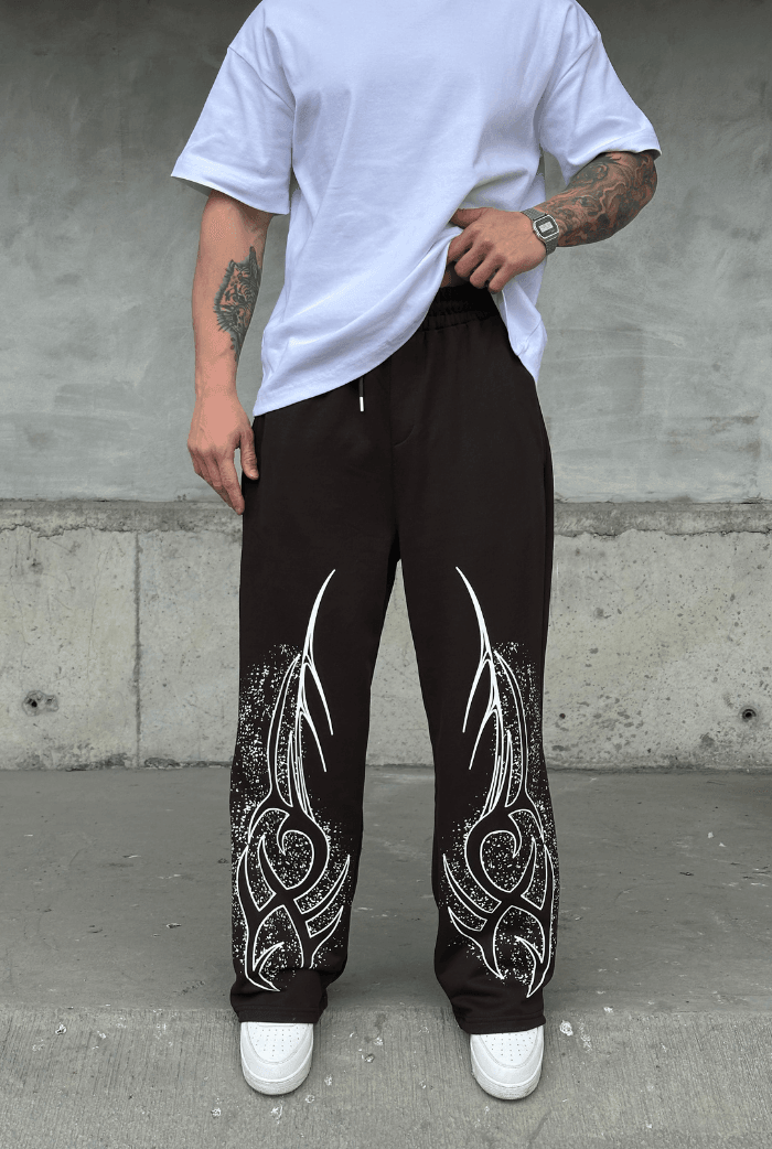 Baskılı Baggy Eşofman Altı - Kahverengi