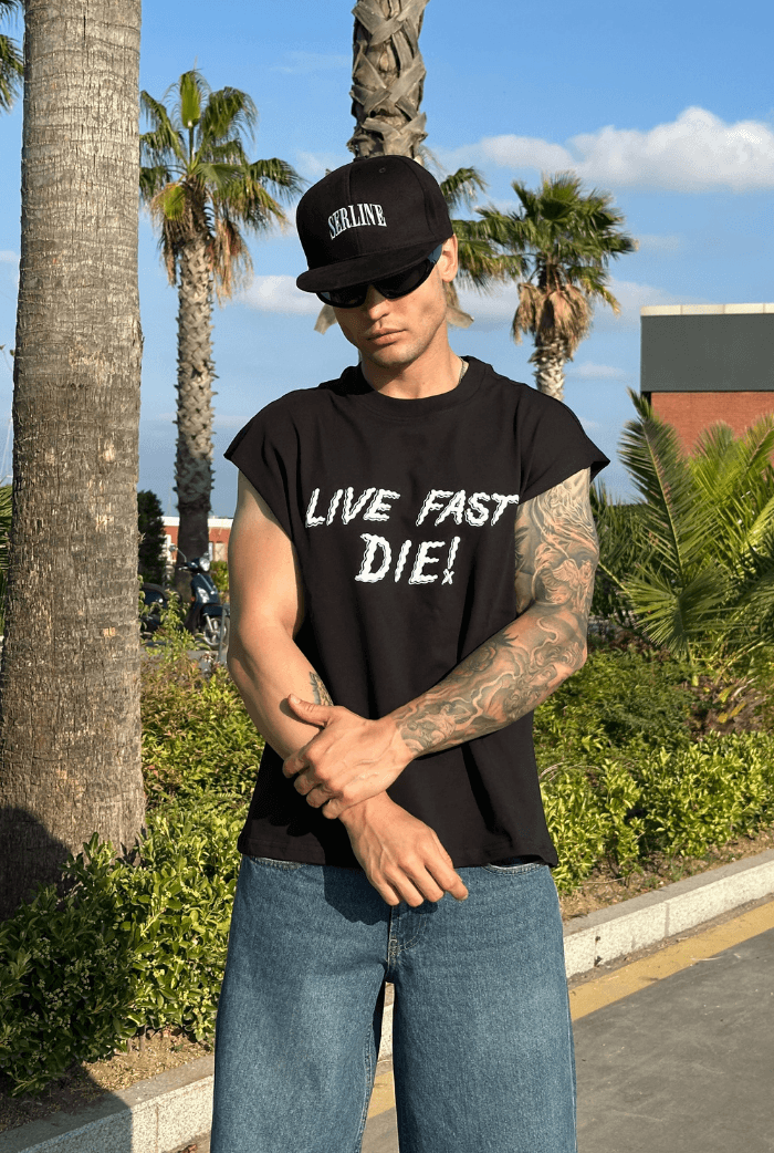 Live Fast Die Baskılı Oversize Kolsuz Tişört
