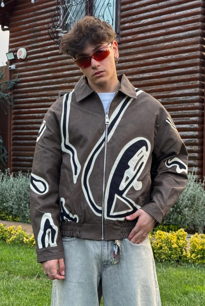 Premium Nakış Detaylı Oversize Deri Ceket - Kahverengi