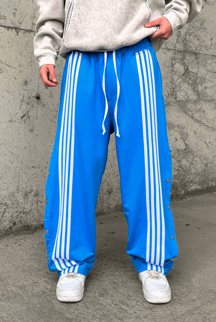 Çizgili Düğme Detaylı Baggy Eşofman - Mavi