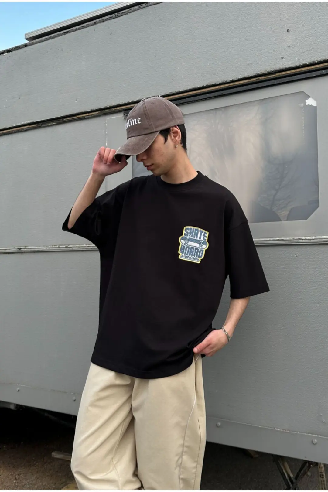 Skate Board Nakış Basklı Siyah Oversize T-shirt