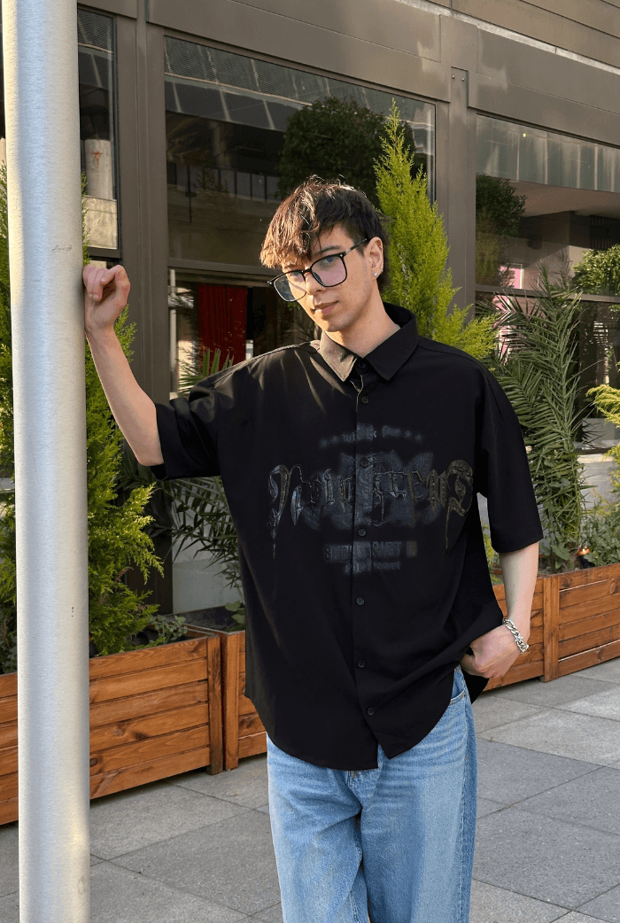 Wild & Free Baskılı Kabartma Detay Premium Oversize Gömlek - Siyah