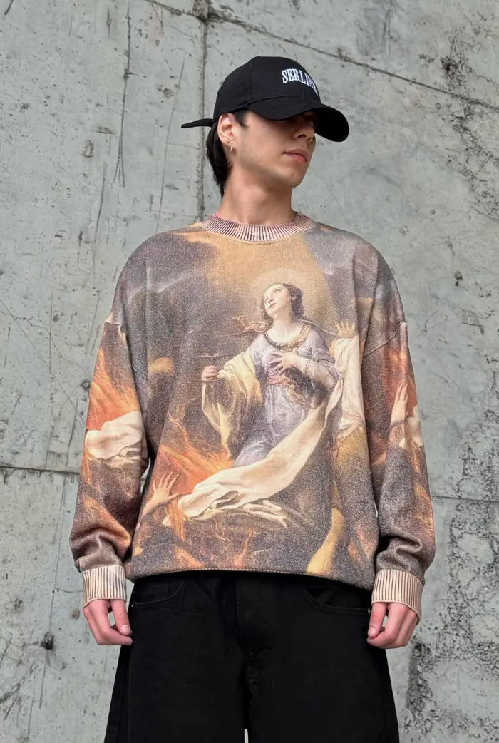 Dijital Baskılı Oversize Kazak