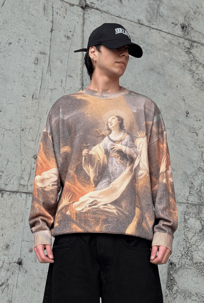 Dijital Baskılı Oversize Kazak