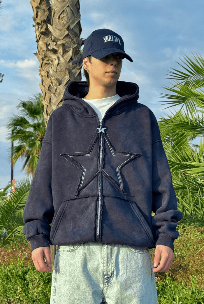 Premium Acid Wash Star Nakış Oversize Zip - Lacivert