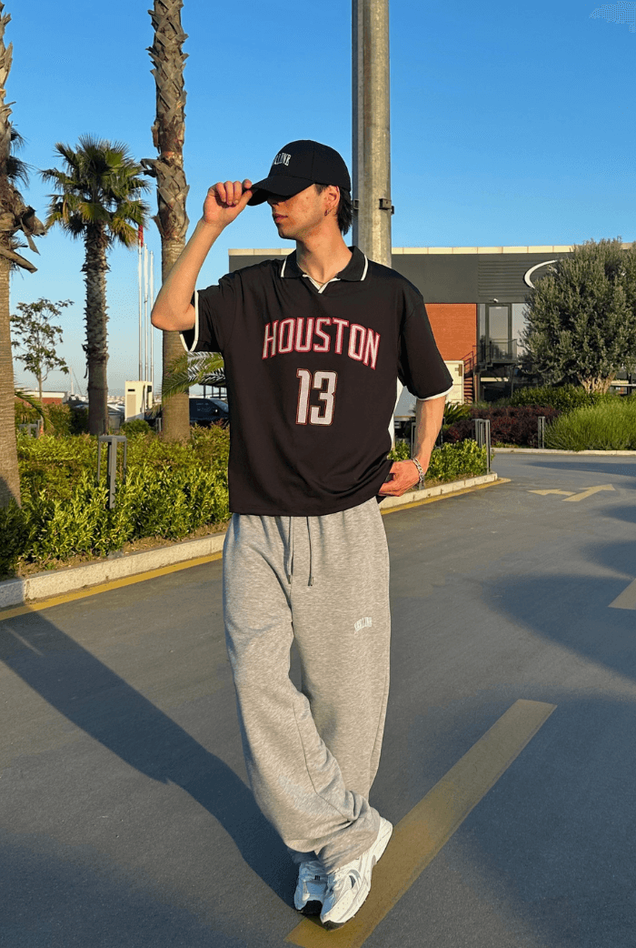 Houston Baskılı Polo Yaka Premium Oversize Jersey