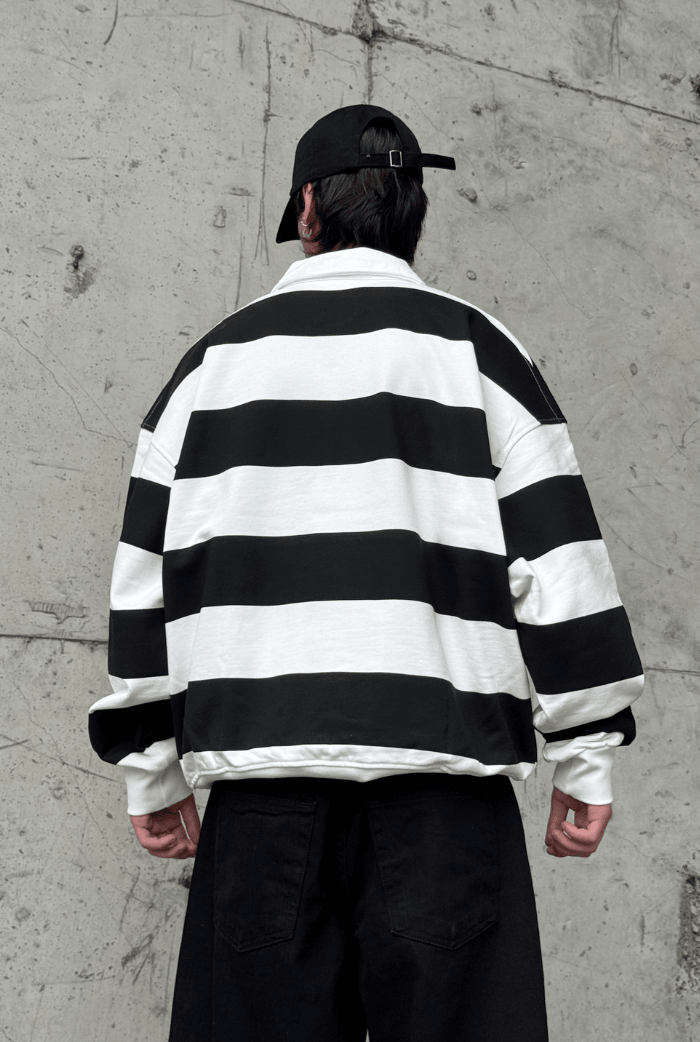 Premium Çizgili Polo Yaka Oversize Sweatshirt