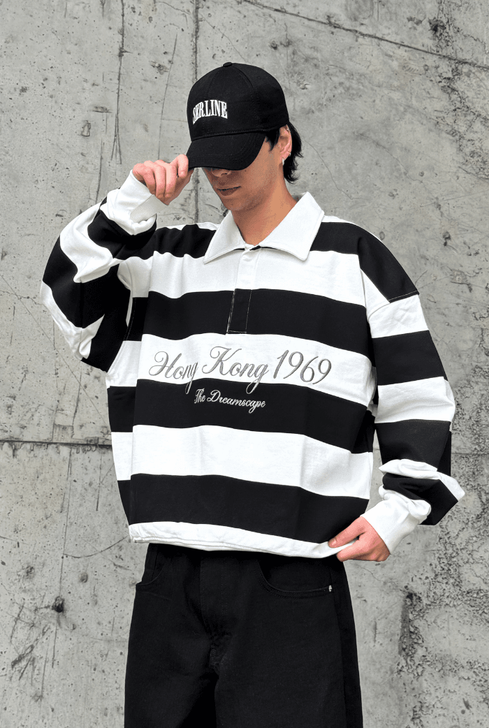 Premium Çizgili Polo Yaka Oversize Sweatshirt - Siyah