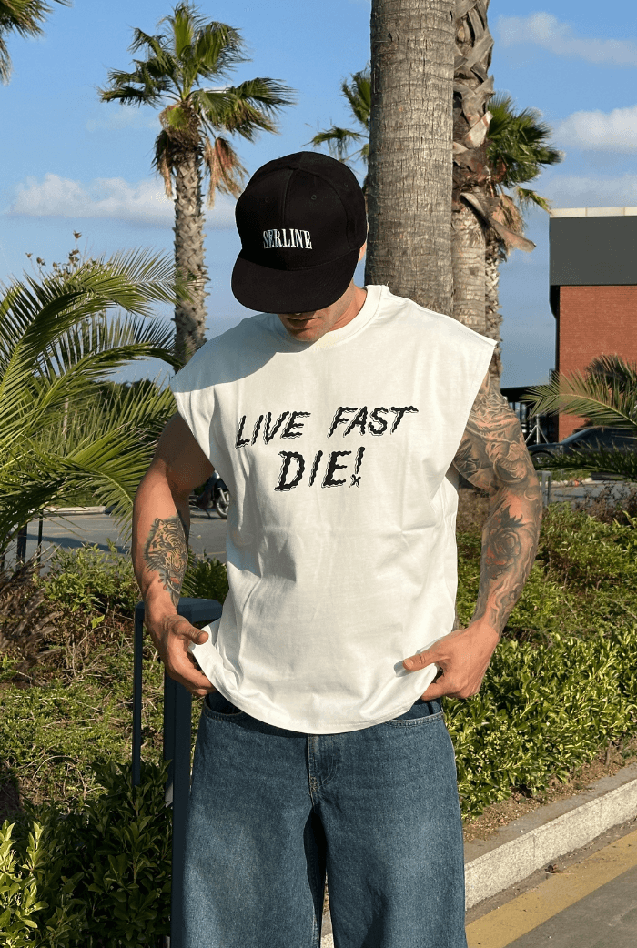 Live Fast Die Baskılı Oversize Kolsuz Tişört - Beyaz