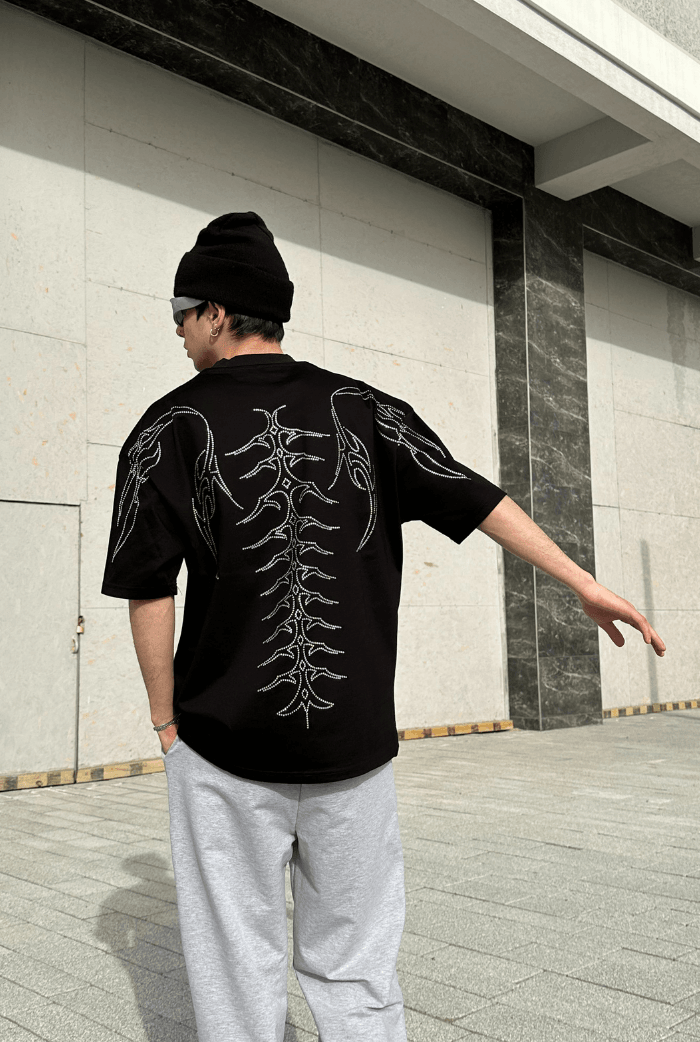 Skeleton Wing Taş Basklı Oversize T-shirt