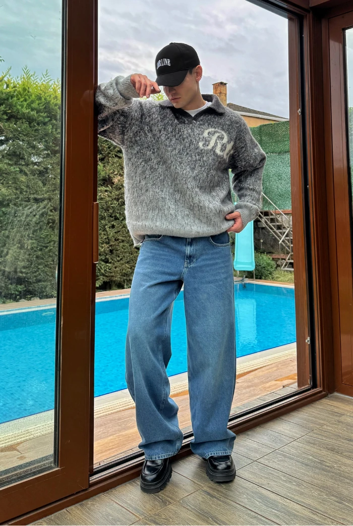 Yıkamalı Mavi Extra Baggy Pantolon