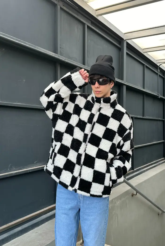 Peluş kareli oversize zip çeket