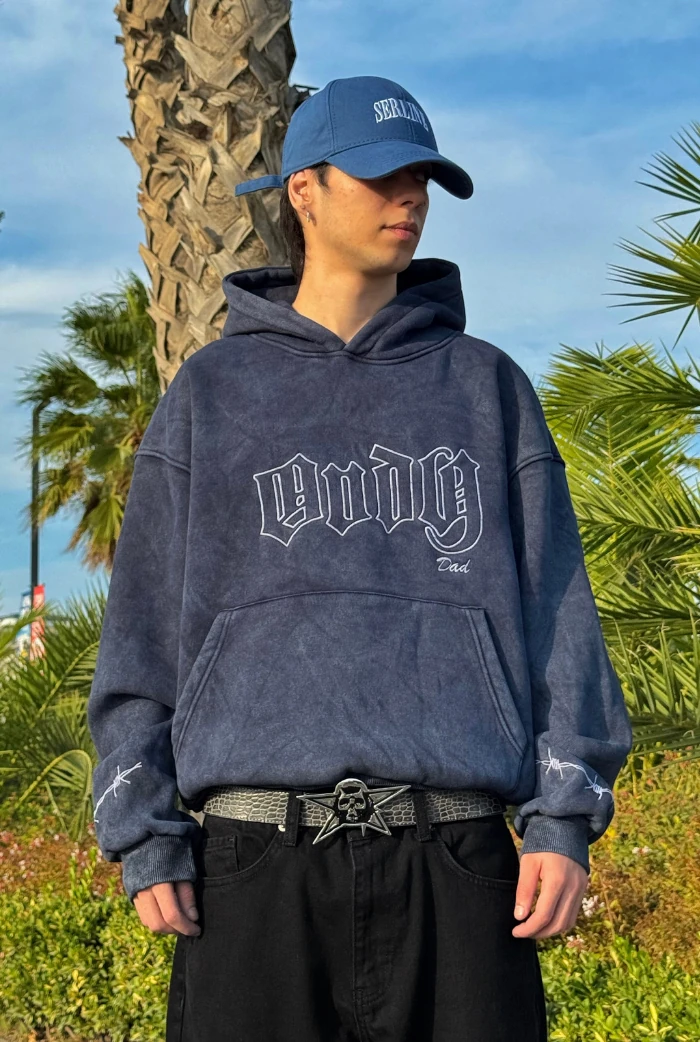 ANDY Acid Wash Nakış Baskılı Oversize Hoodie - Lacivert