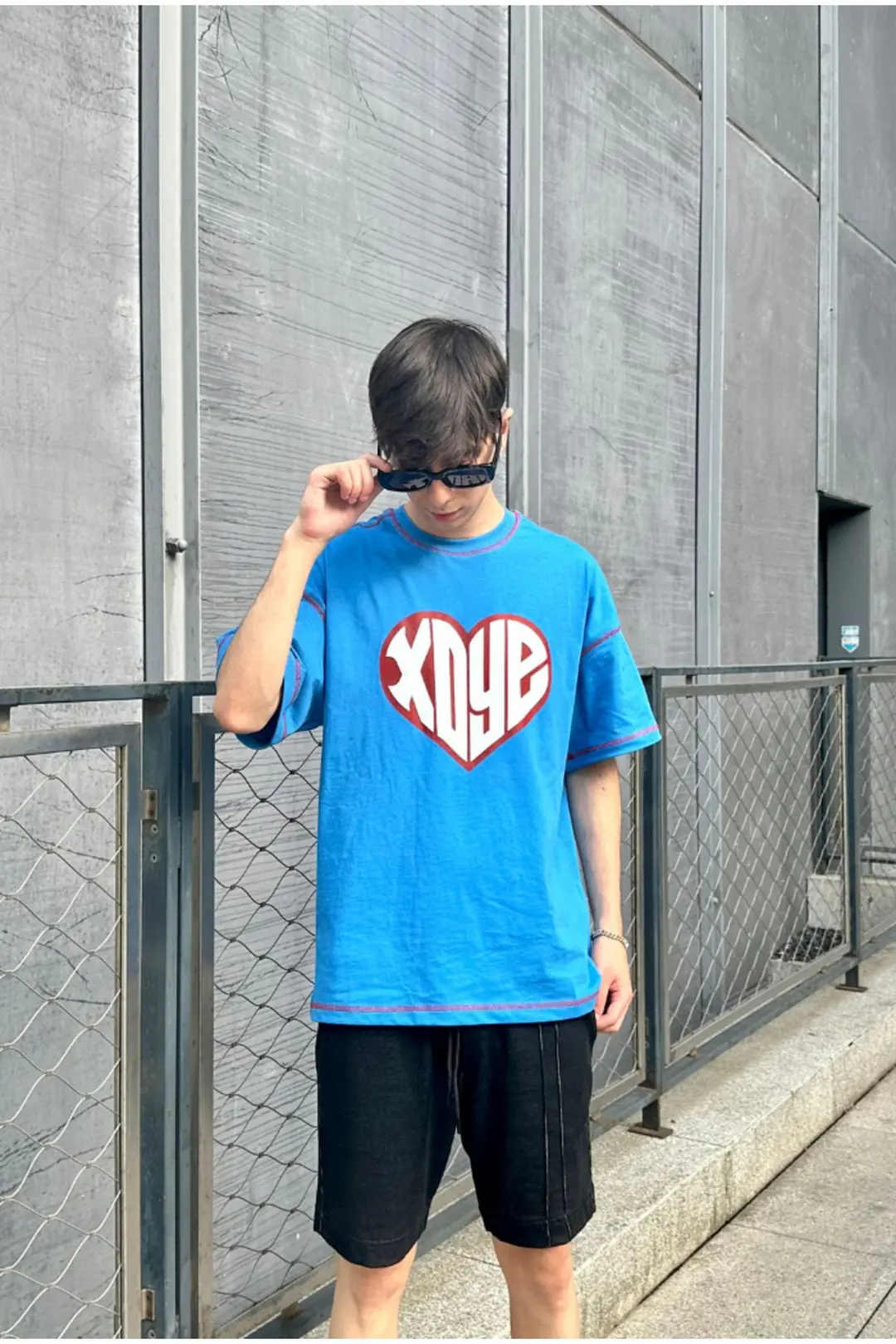 Heart Printed Blue Oversize T-shirt