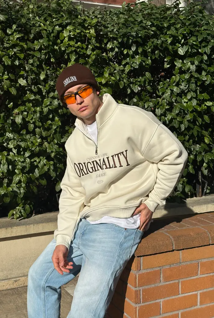 Originality Nakış Baskılı Oversize Yarım Fermuarlı Sweatshirt