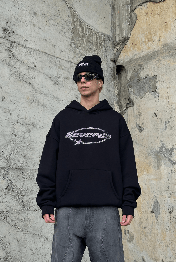 Reverse Taş Baskılı Oversize Hoodie